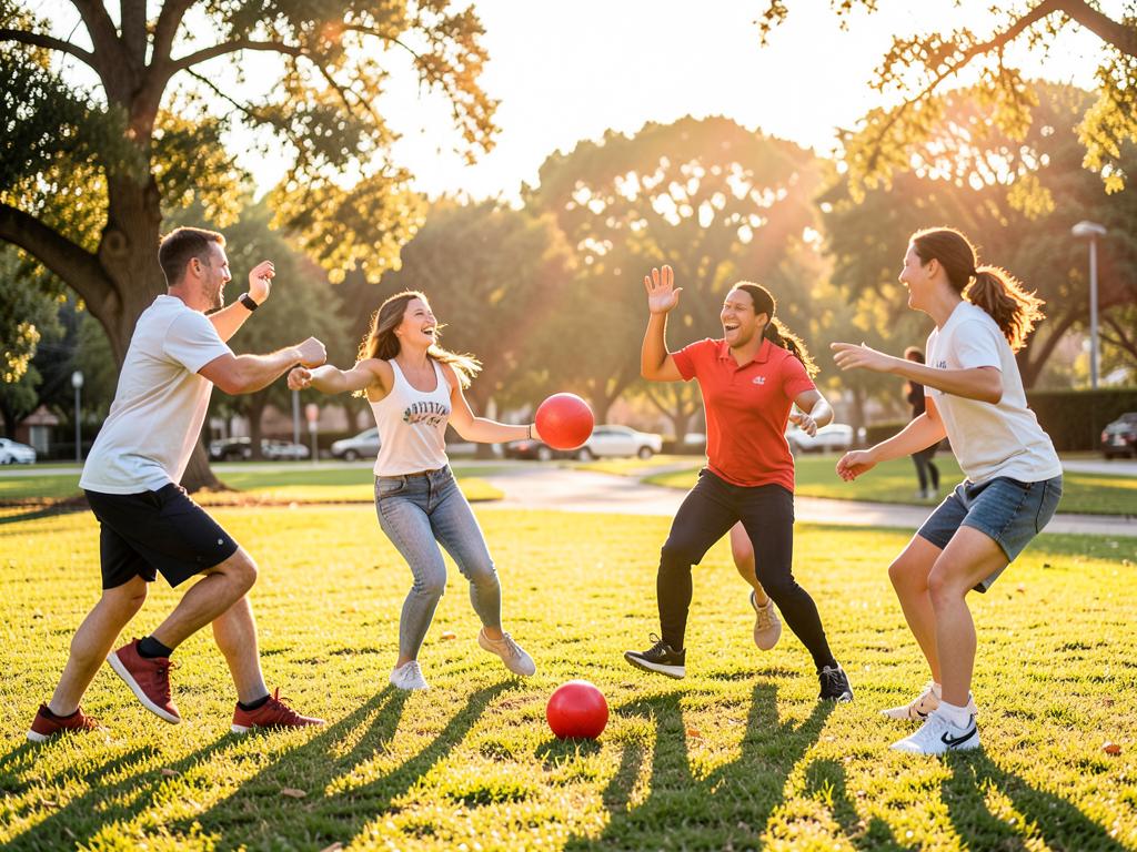 Friends laughing during a kickball game at a Houston park